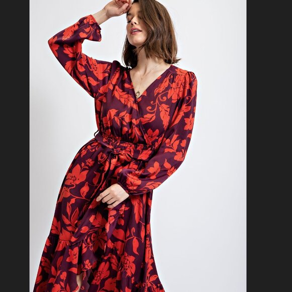 Easel Eggplant Floral Mirabelle Satin High Low Maxi Dress - Picture 4 of 4